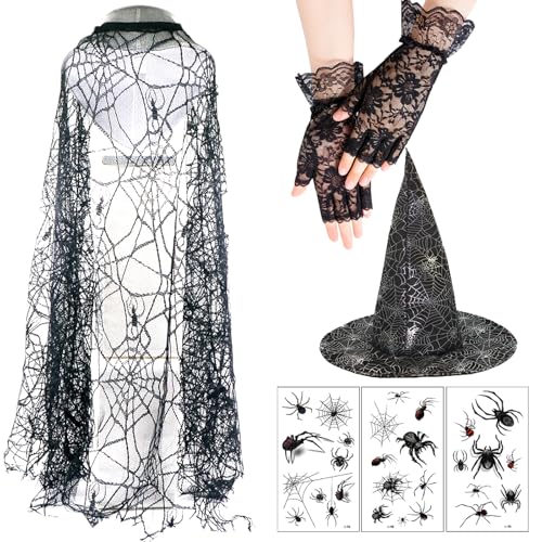 MAINOSHY Halloween Maskerade Kostüm Set, Halloween Hexen Kostüme, Spinnennetz Umhang Halloween Hexenhut Schwarze Spitze Handschuhe mit Spinne Tattoos für Halloween Kostüm Zubehör MAINOSHY Halloween Maskerade Kostüm Set, Halloween Hexen Kostüme, Spinnennetz Umhang Halloween Hexenhut Schwarze Spitze Handschuhe mit Spinne Tattoos für Halloween Kostüm Zubehör von MAINOSHY