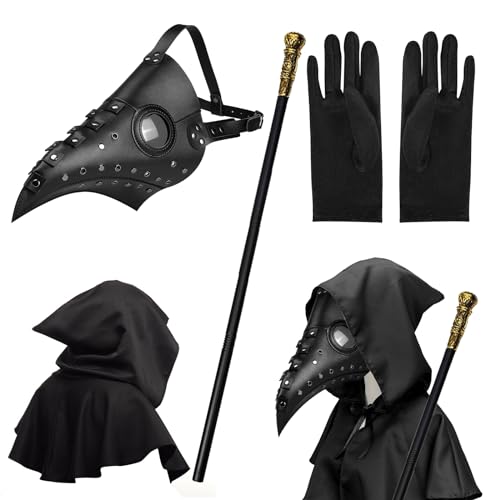 MAINOSHY Halloween-Requisiten-Kostüm-Set, Pestarzt-Maske, Requisiten, lange Nase, Schnabelmaske mit schwarzem Kapuzenumhang, schwarze Handschuhe, König Zepter für Halloween, Cosplay, 4 Stück MAINOSHY Halloween-Requisiten-Kostüm-Set, Pestarzt-Maske, Requisiten, lange Nase, Schnabelmaske mit schwarzem Kapuzenumhang, schwarze Handschuhe, König Zepter für Halloween, Cosplay, 4 Stück von MAINOSHY