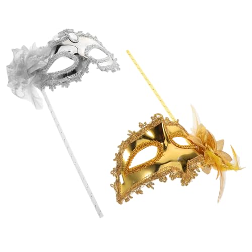 MAJORMENCH 2 Stück Teiliges Venezianisches Damen Maskenball mit Stab Seitlicher Blumenverzierung Handgehaltene Maskerade für Fasching Halloween Hochzeiten und Kostümparty Gold und Silber von MAJORMENCH
