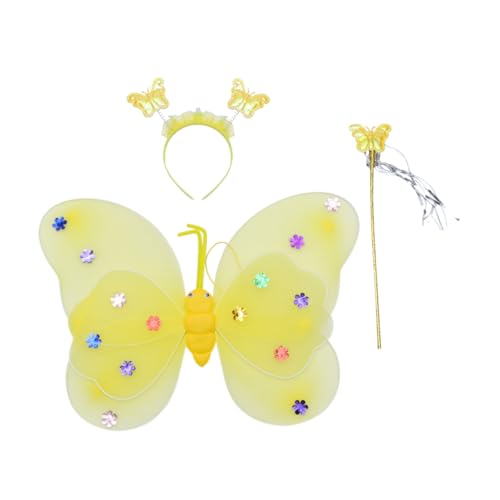 MAJORMENCH 3 Stück Schmetterlingsflügel Set mit Teiligem Kostüm Zubehör Doppellagige Gelbe aus Weichem Stoff Stirnband und Zauberstab für Party Geburtstagsfeier und Verkleidungsspiel von MAJORMENCH
