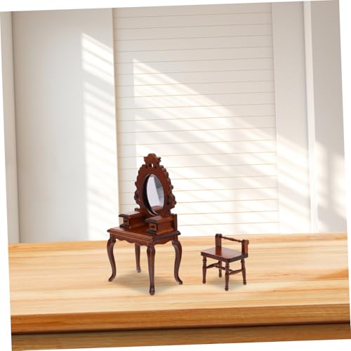 MAJORMENCH Puppenhaus Holz Schminktisch mit Spiegel und Hocker Vintage Miniatur Möbel für Puppenhaus Schlafzimmer Robustes Holz Kreatives Rollenspiel und Dekorative Sammlerstücke von MAJORMENCH