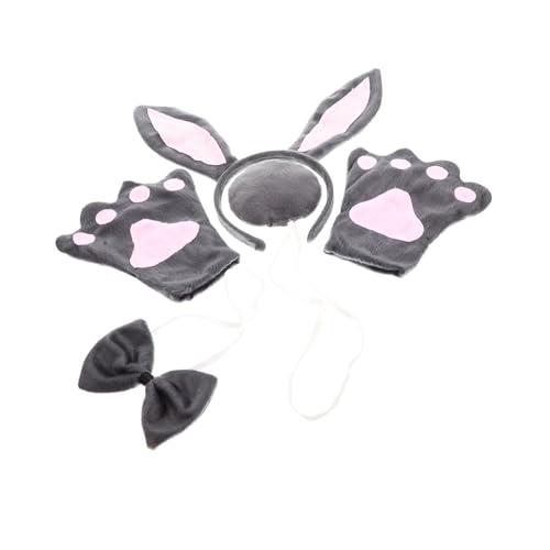 MAJORMENCH Tierohren Stirnband Set Hasenohren Kostüm Zubehör für Grauer Haarreif mit Fliege Handschuhe und Halloween Cosplay Haaraccessoires für Party und Festlichkeiten von MAJORMENCH