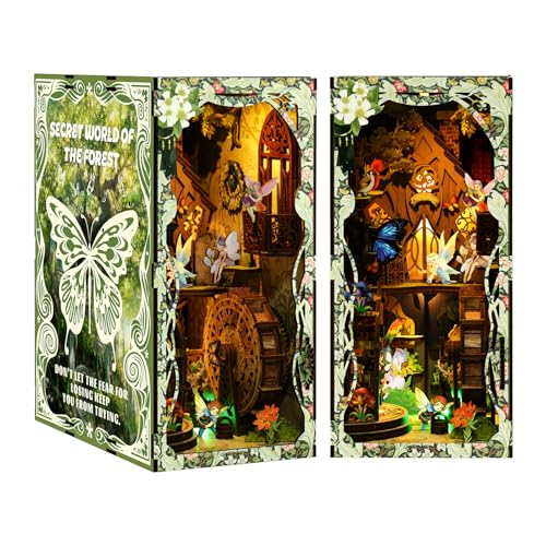DIY Book Nook, Book Nook Kit DIY Miniatur Puppenhaus Bücherregal Deko mit LED-Licht, 3D Puzzle & Buchstütze Booknook Kreatives Geschenk(Forest World) von MAKEASY