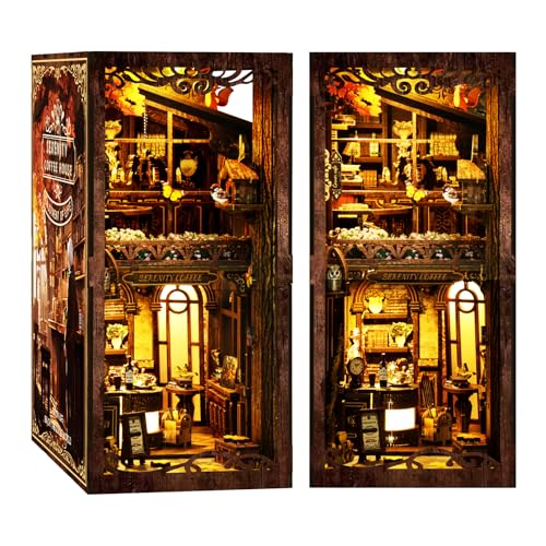 DIY Miniature House, Book Nook Kit DIY Miniatur Puppenhaus Bücherregal Deko mit LED-Licht, 3D Puzzle & Buchstütze Booknook Kreatives Geschenk(Coffee Shop) von MAKEASY