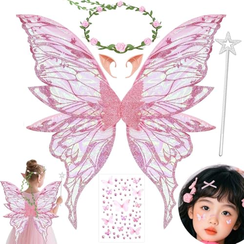 MAKFORT Flügel Fee Feenflügel Erwachsene Feen Flügel Wings Kinder Elfenflügel Set（Feen Flügel，Stirnband,Sterne Feenstäbe und Aufkleber） für Cosplay,Feen-Mottopartys，Partys und Verkleidung von MAKFORT