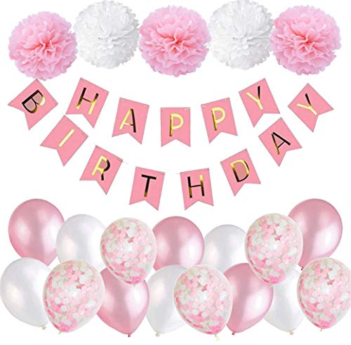 Geburtstagsdeko Mädchen Rosa Happy Birthday Girlande mit Pompoms und Luftballons Rosa Konfetti Luftballons für Geburtstag Partydeko Mädchen und Frauen von MAKFORT