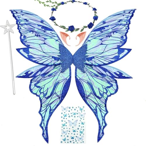 MAKFORT Flügel Fee Feenflügel Erwachsene Feen Flügel Wings Kinder Elfenflügel Set（Feen Flügel，Stirnband,Sterne Feenstäbe und Aufkleber） für Cosplay,Feen-Mottopartys，Partys und Verkleidung von MAKFORT