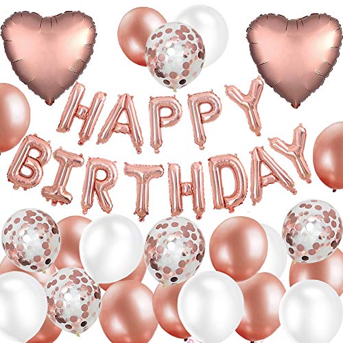 Geburtstag Deko Rosegold Happy Birthday Folienballons Girlande mit Konfetti Luftballons Roségold Für Geburtstag Partydeko Mädchen und Frauen von MAKFORT