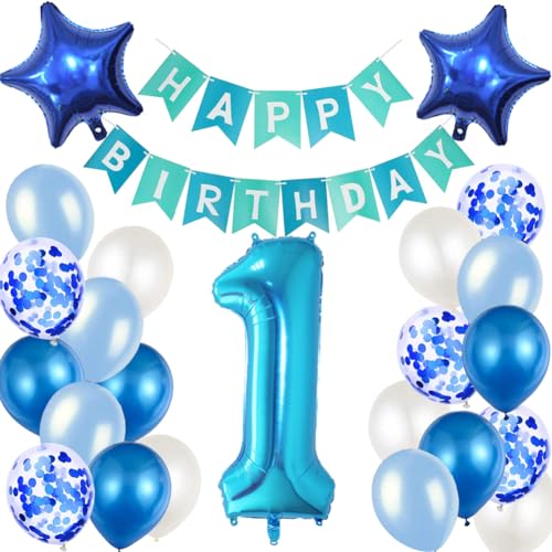 Geburtstagsdeko 1. Geburtstag Blau Happy Birthday Girlande und Luftballons Blau Konfetti Luftballons für Geburtstag Partydeko Deko 1 Junge von MAKFORT