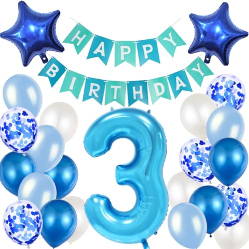 MAKFORT Geburtstagsdeko 3. Geburtstag Blau - Happy Birthday Girlande und Luftballons, Konfetti Luftballons für Partydeko Deko Junge von MAKFORT