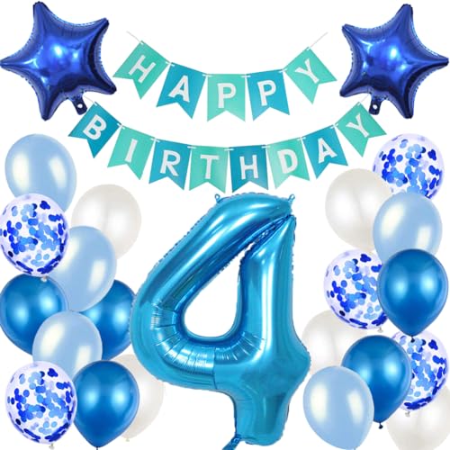 Geburtstagsdeko 4. Geburtstag Blau Happy Birthday Girlande und Luftballons Blau Konfetti Luftballons für Geburtstag Partydeko Deko 4 Geburtstag Junge von MAKFORT