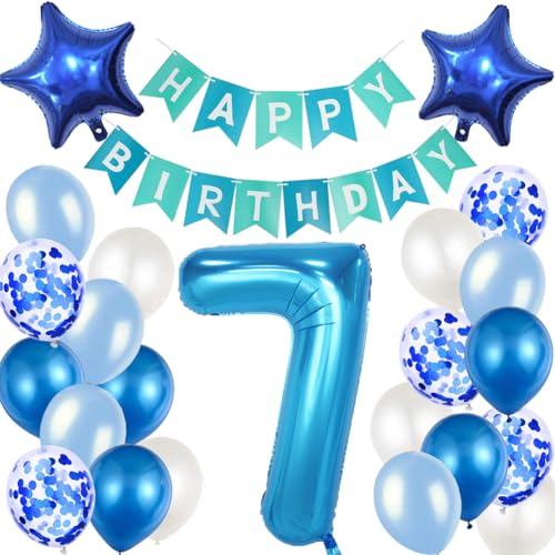 Geburtstagsdeko 7. Geburtstag Blau Happy Birthday Girlande und Luftballons Blau Konfetti Luftballons für Geburtstag Partydeko Deko 7 Geburtstag Junge von MAKFORT