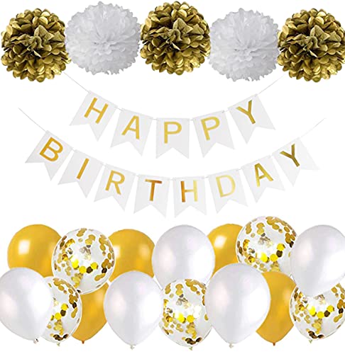 Geburtstagsdeko Gold Happy Birthday Girlande mit Pompoms und Luftballons Golden Konfetti Luftballons für Mädchen Jungen Party Geburtstag Partydeko von MAKFORT