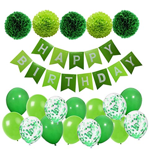 Geburtstagsdeko Grün Happy Birthday Girlande mit Pompoms und Luftballons Grün Konfetti Luftballons für Geburtstag Partydeko von MAKFORT