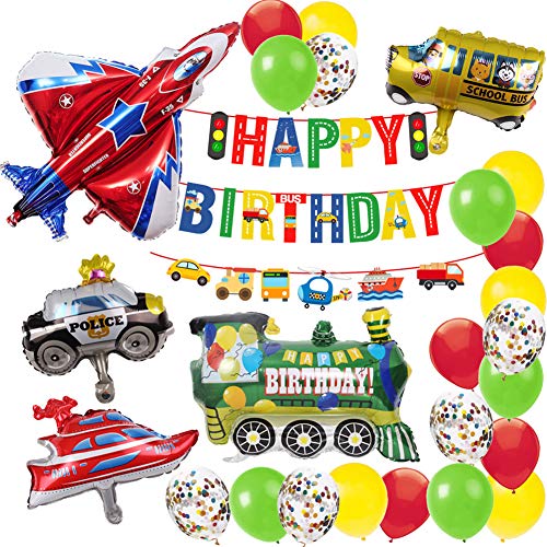 MAKFORT Geburtstagsdeko Junge Kindergeburtstag deko Birthday Decorations Kinder Geburtstag Folien Luftballon Flugzeug Zug Polizeiwagen Schulbus Yacht Ballons Happy Birthday Banner Geburtstag Deko von MAKFORT