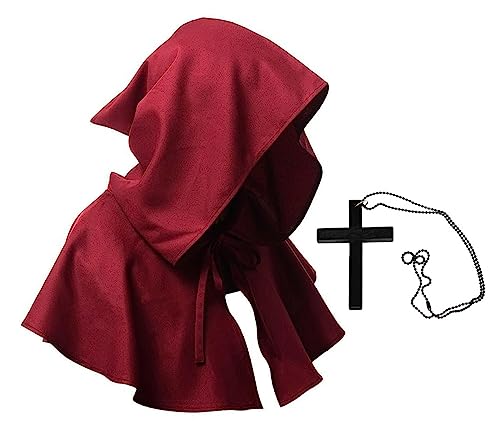 MAKFORT Halloween Umhang Unisex Mittelalter Kurzhaube Kapuzenmantel Devil Cape Wicca heidnische Kapuze Cosplay Maskerade Vampir Kostüm, Rot von MAKFORT