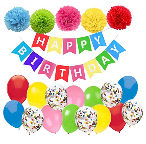 Kindergeburtstag Deko Bunt Happy Birthday Girlande mit Pompoms und Luftballons Bunt Konfetti Luftballons Für Geburtstag Partydeko Mädchen Jungen von MAKFORT