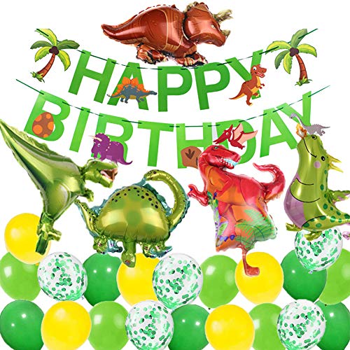 Kindergeburtstag Deko Dinosaurier Happy Birthday Girlande und Folienballons Dinosaurier mit Konfetti Luftballons Grün für Kindergarten Dekoration Urwald Party Geburtstag Junge von MAKFORT