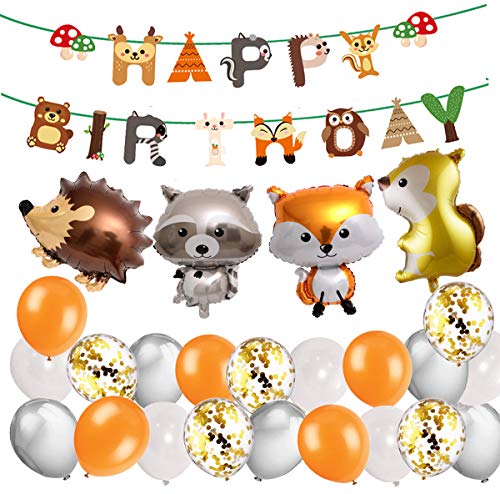 Kindergeburtstag Deko Happy Birthday Girlande und lustig Tier Folienballons Konfetti Luftballons für Kindergarten Dekoration Urwald Party Geburtstag Mädchen Junge von MAKFORT