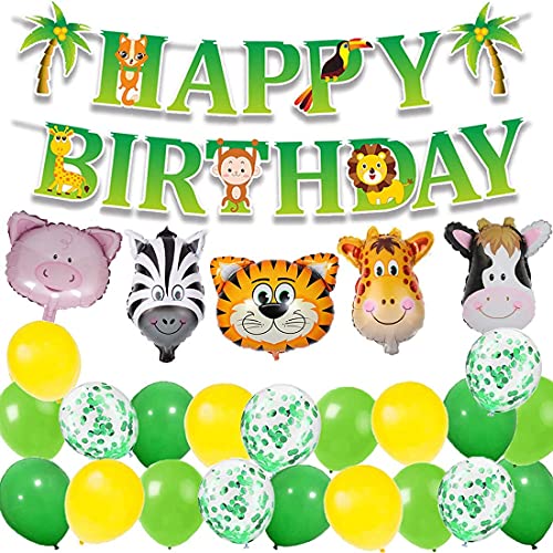 Kindergeburtstag Deko Happy Birthday Girlande und lustig Tier Folienballons Konfetti Luftballons Grün für Kindergarten Dekoration Urwald Party Geburtstag Mädchen Junge von MAKFORT