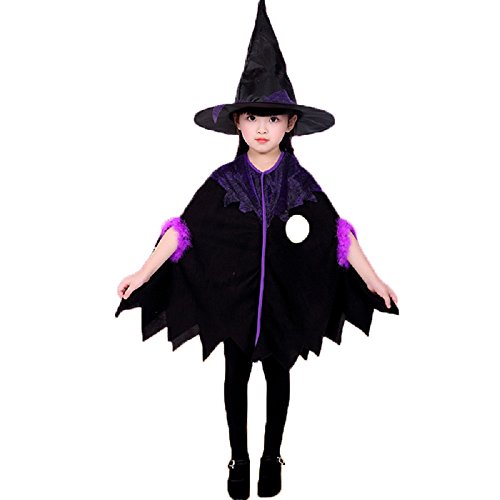 MAKFORT Mädchen Hexe kostüm Umhang und Hexenhut für Kinder Halloween Karneval Fasching 130-140cm von MAKFORT