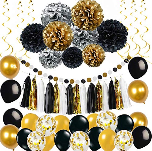 MAKFORT Party Deko Set Gold Silber Schwarz Pompoms Quasten Girlande Luftballons Papier Girlande spiralgirlanden Geburtstag Hochzeit Partydeko von MAKFORT