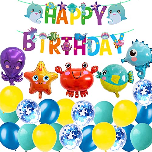 Party-Dekorationen unter dem Meer, Meerestier-Folie, Helium-Luftballons als Geburtstagsparty-Dekorationen für Kinder mit Ozean-Thema, Geburtstagsparty-Banner Party-Dekorationen unter dem Meer, Meerestier-Folie, Helium-Luftballons als Geburtstagsparty-Dekorationen für Kinder mit Ozean-Thema, Geburtstagsparty-Banner von MAKFORT