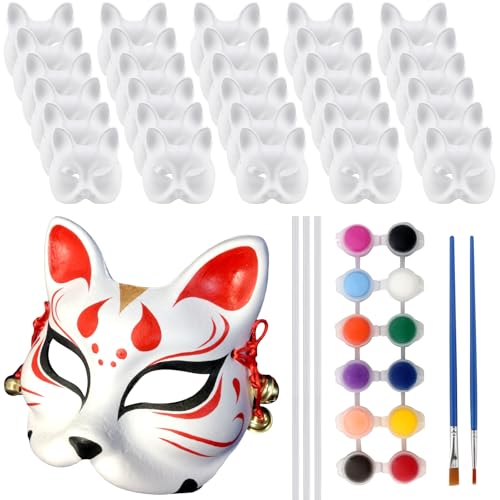 MAKTSAM 30 Stück weiße Blanko-Fuchsmasken, zum Selbermachen, unlackiert, Bastelmasken mit Zubehör, reinweiße Graffiti-Masken für Cosplay, Halloween, Tanzparty von MAKTSAM
