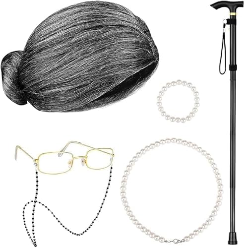 MALLOOM Cosplay-Kostüm-Set für Oma-Perücke, Oma-Brille, Perlenkette, Armband, Stock für Maskenpartys, Cosplay von MALLOOM