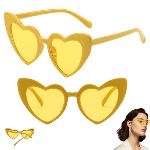 2 Stück Herz Sonnenbrille,Herzbrillen,Sonnenbrille Herzform Gelb,Herzförmige Sonnenbrille,UV400 Schutz Herzsonnenbrille,Retro Herzchen Brille,Herz Brillen für Party,Hochzeit,Karneval,Halloween von MALOUSUN