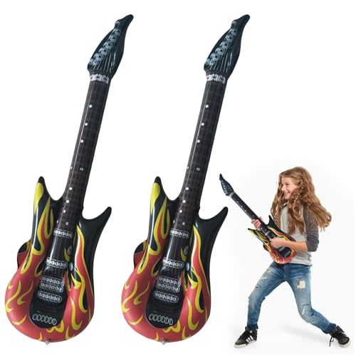 2 Stück Luftgitarren zum Aufblasen,Aufblasbare Gitarre Flammen,Aufblasbares Rock Musikinstrument Luftgitarre,Luft Kinder Gitarre,Aufblasbare Instrumente für Party Theme Party Carnival,Karneval (90cm) von MALOUSUN
