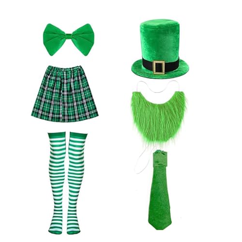MALSSE Irisches Festival Barkeeper Outfit Zubehör für Männer Cosplay mit Patricks Day Hut Rock Krawatte Realistischer Bartstrumpf MALSSE Irisches Festival Barkeeper Outfit Zubehör für Männer Cosplay mit Patricks Day Hut Rock Krawatte Realistischer Bartstrumpf von MALSSE