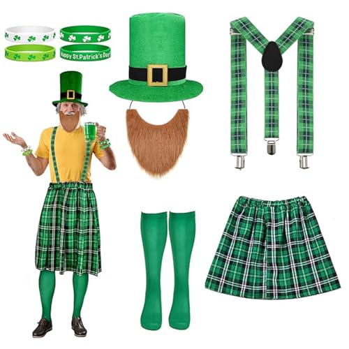 MALSSE Kobold-Kostüm für Herren, Patrick's Day, Kostüm, Zubehör, irisches Outfit, Kobold, Hut, Schnurrbart, Kniestrümpfe, Armband MALSSE Kobold-Kostüm für Herren, Patrick's Day, Kostüm, Zubehör, irisches Outfit, Kobold, Hut, Schnurrbart, Kniestrümpfe, Armband von MALSSE