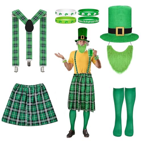 MALSSE Kobold-Kostüm für Herren, Patrick's Day, Kostüm, Zubehör, irisches Outfit, Kobold, Hut, Schnurrbart, Kniestrümpfe, Armband MALSSE Kobold-Kostüm für Herren, Patrick's Day, Kostüm, Zubehör, irisches Outfit, Kobold, Hut, Schnurrbart, Kniestrümpfe, Armband von MALSSE