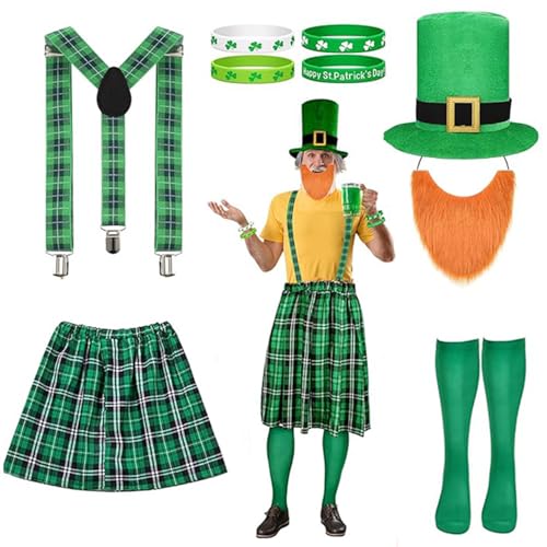 MALSSE Kobold-Kostüm für Herren, Patrick's Day, Kostüm, Zubehör, irisches Outfit, Kobold, Hut, Schnurrbart, Kniestrümpfe, Armband MALSSE Kobold-Kostüm für Herren, Patrick's Day, Kostüm, Zubehör, irisches Outfit, Kobold, Hut, Schnurrbart, Kniestrümpfe, Armband von MALSSE