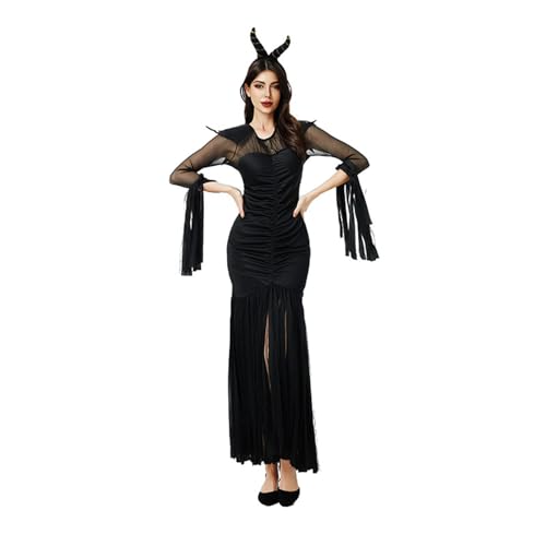 MALSSE Langes Halloween-Kleid mit gespleißtem Rüschen, figurbetont, mit Teufelshorn-Stirnband, Set für Damen, Cosplay-Kostüm-Outfit MALSSE Langes Halloween-Kleid mit gespleißtem Rüschen, figurbetont, mit Teufelshorn-Stirnband, Set für Damen, Cosplay-Kostüm-Outfit von MALSSE