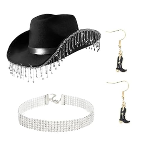MALSSE Rollenspiel-Kostüm-Set, Choker-Ohrringe für Braut, Western-Cowgirl-Hut, Strass, Fransenhut, Junggesellinnenabschied, Partyzubehör MALSSE Rollenspiel-Kostüm-Set, Choker-Ohrringe für Braut, Western-Cowgirl-Hut, Strass, Fransenhut, Junggesellinnenabschied, Partyzubehör von MALSSE