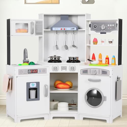 Eck Spielküche mit Licht und Sound, Kinderküche Holz, Puppenküche Holz für Kinder, 102x30x92 cm Kinderküchen, Kleinkinderküche mit Küchenzubehör, Weiße, Spielzeug für Kinder ab 3 Jahren Eck Spielküche mit Licht und Sound, Kinderküche Holz, Puppenküche Holz für Kinder, 102x30x92 cm Kinderküchen, Kleinkinderküche mit Küchenzubehör, Weiße, Spielzeug für Kinder ab 3 Jahren von MAMIZO