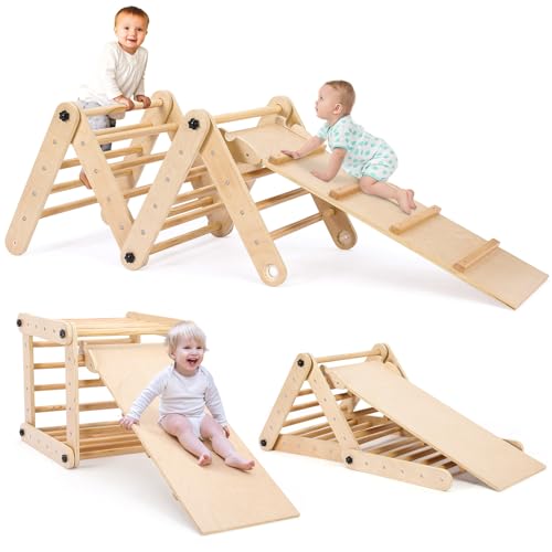 Klettergerüst Indoor, Kletterdreieck mit Rutsche, Montessori Kletterleiter aus Holz mit 20PCS Kletterstange, inkl. doppelseitige Rampe, zum Klettern, Rutschen, Indoor Spielplatz für Kinder ab 1 Jahren von MAMIZO
