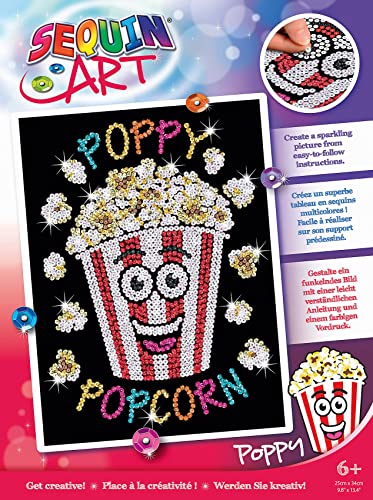 MAMMUT 8011826 - Sequin Art Paillettenbild Popcorn, Steckbild Kreativset, Komplettset mit Styropor Rahmen, Bildvorlage, Pailletten, Steckstiften, Anleitung, Bastelset für Kinder ab 6 Jahre von Sequin Art