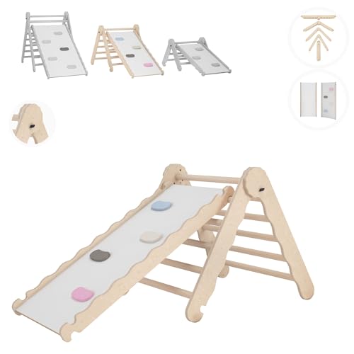 MAMOI® Klettergerüst Indoor, Kletterdreieck mit rutsche Holz, Baby Kinder Klettern, Kletterturm rutschbrett, Kletterbogen kinderrutsche, Regenbogenwippe, Montessori Spielzeug ab 1 Jahr 2/3 Jahre von MAMOI