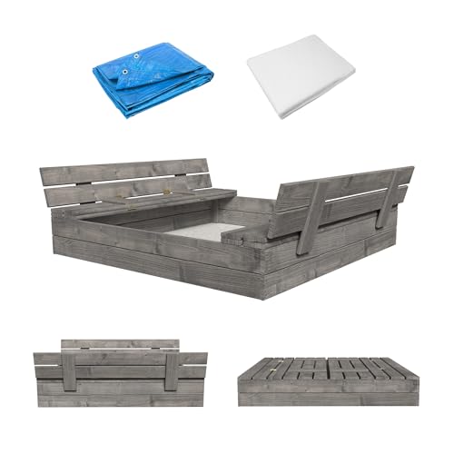 MAMOI Sandkasten mit Deckel 120x120 Sandbox Imprägniert Sandkiste mit Sitzbänken Holz Spielzeug Abdeckung Sitzbänken 150x150 von MAMOI