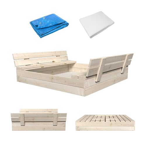 MAMOI Sandkasten mit Deckel 120x120 Sandbox natürlich Sandkiste mit Sitzbänken Holz Spielzeug Abdeckung Sitzbänken 150x150 von MAMOI