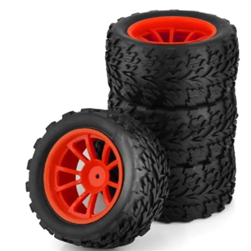 MANGRY 4 Stück 125 mm 1/10 RC Monster Truck Reifen und Felgen 12 mm Sechskant mit 4 mm Sicherungsmuttern passend for Trxs for Himoto for HSP for HPI for Redcat (Size : 4pcs red) von MANGRY