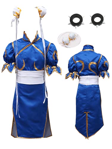 MANMICOS US-Größe Anime Chun Li Cosplay Kostüme Blau Cheongsam Damen Halloween Anzug, blau, 42 von MANMICOS