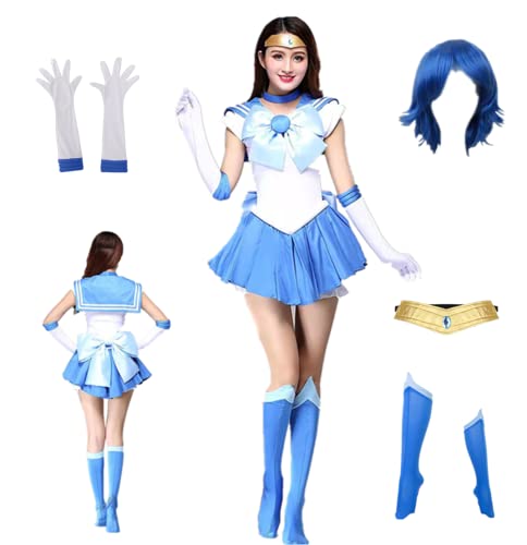 MANMICOS US Größe Anime Mercury Cosplay Kostüm Ami Halloween Rock Perücke Anzug (2X-Small) von MANMICOS