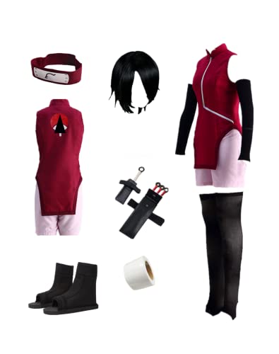 MANMICOS US-Größe Anime Uchiha Sarada Cosplay Kostüm Halloween Boruto, rotes Kleid (2X-Small) von MANMICOS