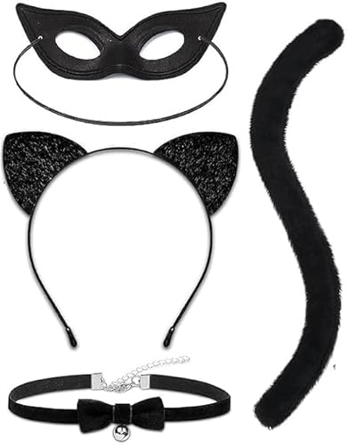 Katzenkostüm Kinder Mädchen 4 Stück Katzenohren Haarreif Schwanz Halskette Masken,Katzenkostüm Damen Kinder Halloween Karneval Cosplay Party von MAOSHYMS