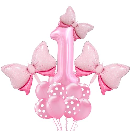 Luftballons Geburtstag Set,Schleife Ballons,Zahlenballon 1 Helium Ballon Rosa,Großartig für Geburtstagsfeiern und Mädchen-Mottopartys von MAOSHYMS
