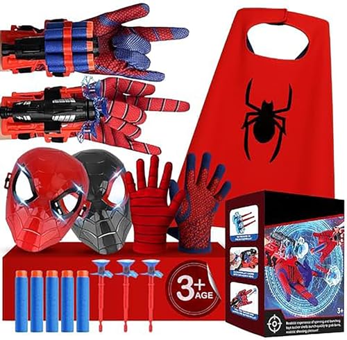 MAQRLT Superhelden-Web-Sling-Spielzeug-Set - 7-in-1-Superhelden-Set enthält 2 Web-Shooter, 2 Heldenmasken, 2 Handschuhe und 1 Umhang - ideal für Indoor- und Outdoor-Kostüm, Rollenspiel, fantasievolles von MAQRLT